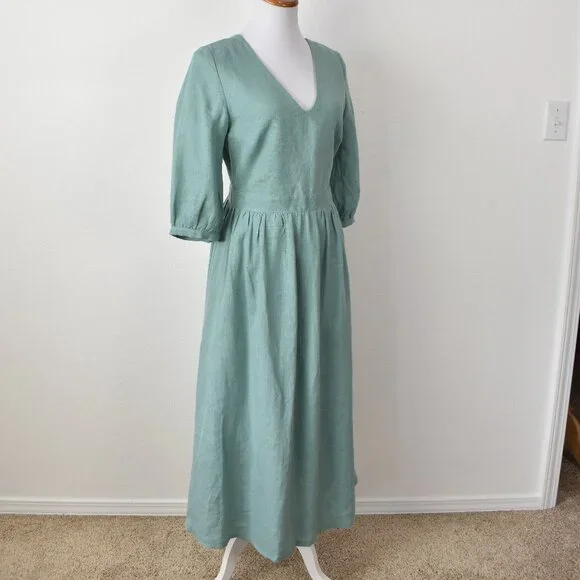 Linen Handmade Studio Open Back Madeleine Midi Dress Teal - 6 - Picture 9 of 11